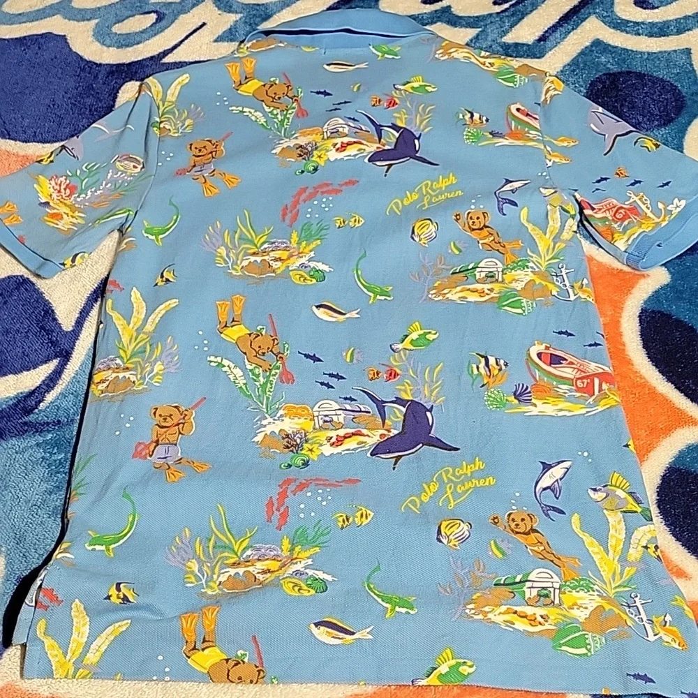 Polo Ralph Lauren Allover Bear Ocean Print Custom Slim Fit Polo Sz XL (18-20)
